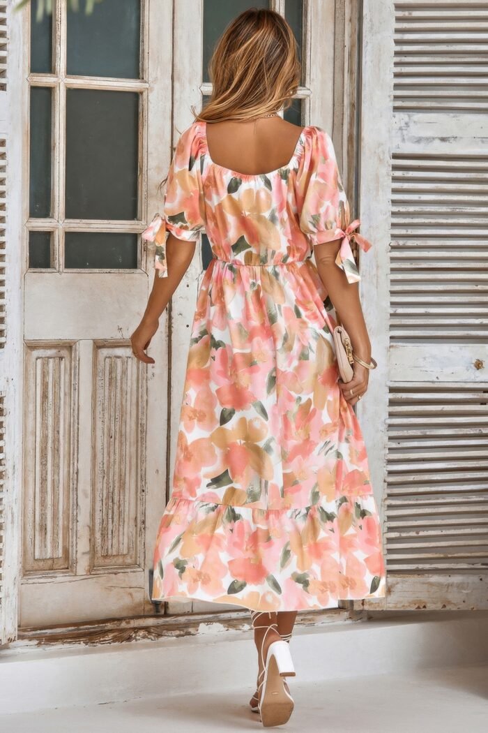 Floral paint short sleeve tie cuff surplice dress - image 17