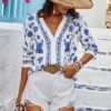 Floral Print Notched Collar V Neck Shirt