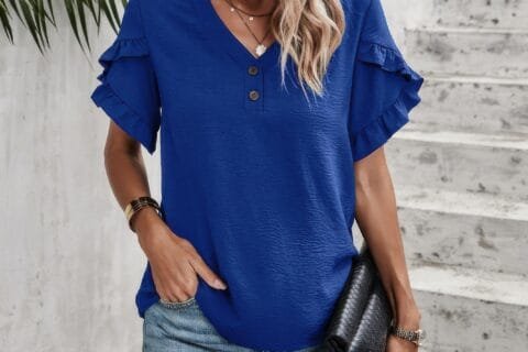 Ruffle Solid V Neck Short Sleeve Tunic Shirt