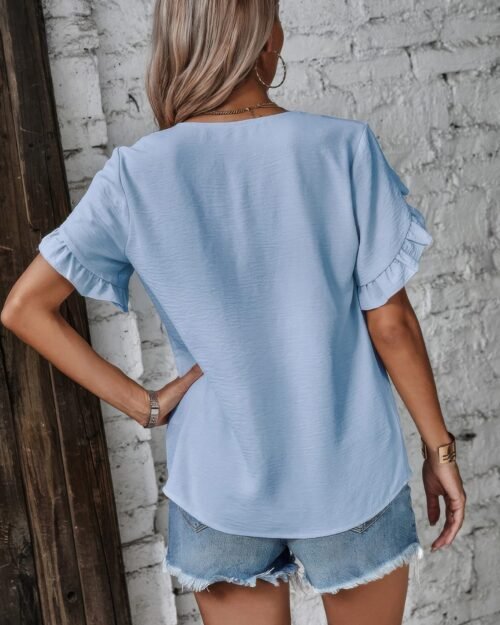ruffle solid v neck short sleeve tunic shirt