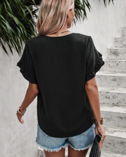 ruffle solid v neck short sleeve tunic shirt