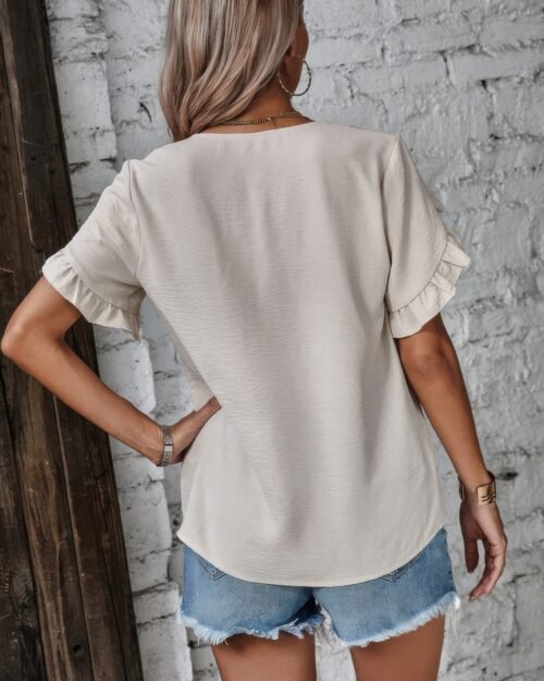 ruffle solid v neck short sleeve tunic shirt