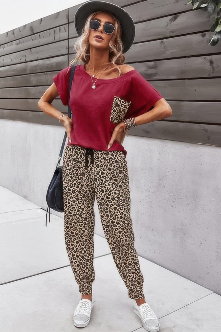 Two pieces leopard print shirt and pant sets