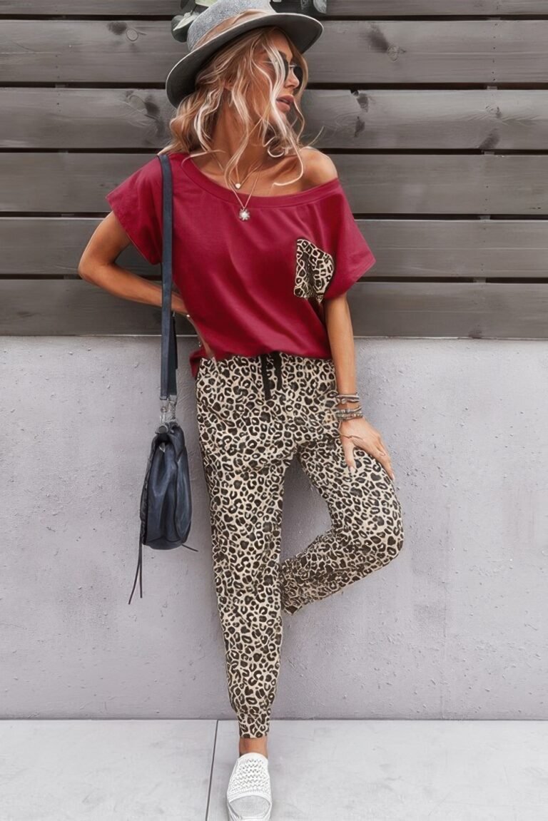 Two pieces leopard print shirt and pant sets