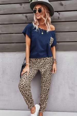 Two Pieces Leopard Print Shirt And Pant Sets
