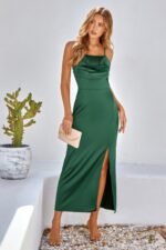 Spaghetti Strap Cowl Neck Split Midi Slit Dress - Image 11