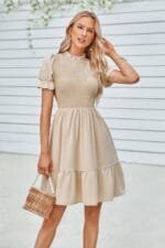 Solid Puff Sleeve Shirred Detail Ruffle Hem Dress