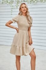 Solid Puff Sleeve Shirred Detail Ruffle Hem Dress