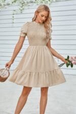 Solid Puff Sleeve Shirred Detail Ruffle Hem Dress