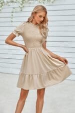 Solid Puff Sleeve Shirred Detail Ruffle Hem Dress