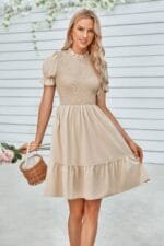 Solid Puff Sleeve Shirred Detail Ruffle Hem Dress