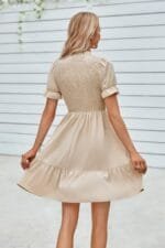 Solid Puff Sleeve Shirred Detail Ruffle Hem Dress