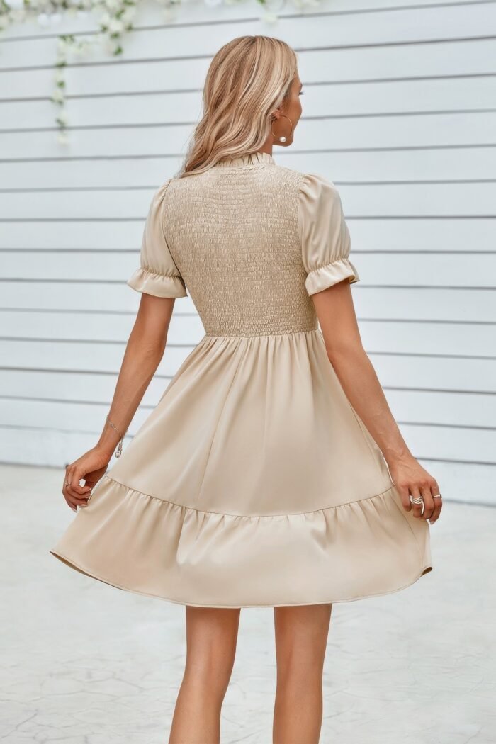 Solid Puff Sleeve Shirred Detail Ruffle Hem Dress - Image 6
