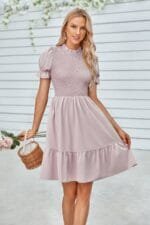 Solid Puff Sleeve Shirred Detail Ruffle Hem Dress