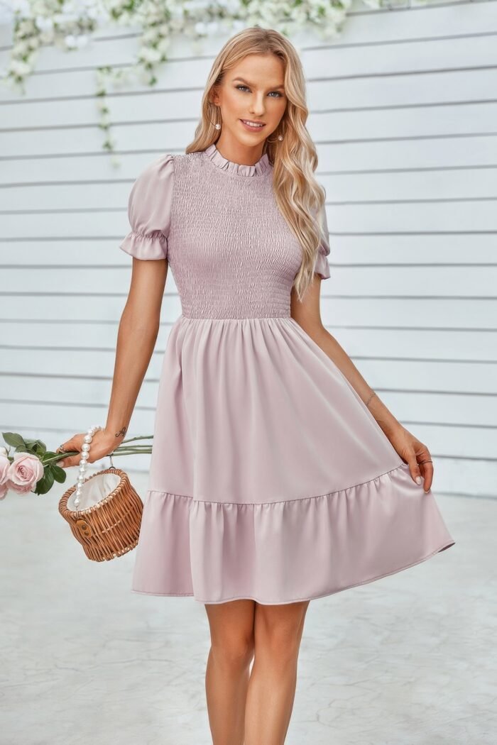 Solid Puff Sleeve Shirred Detail Ruffle Hem Dress - Image 7