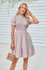 Solid Puff Sleeve Shirred Detail Ruffle Hem Dress