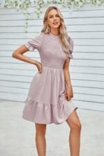 Solid Puff Sleeve Shirred Detail Ruffle Hem Dress