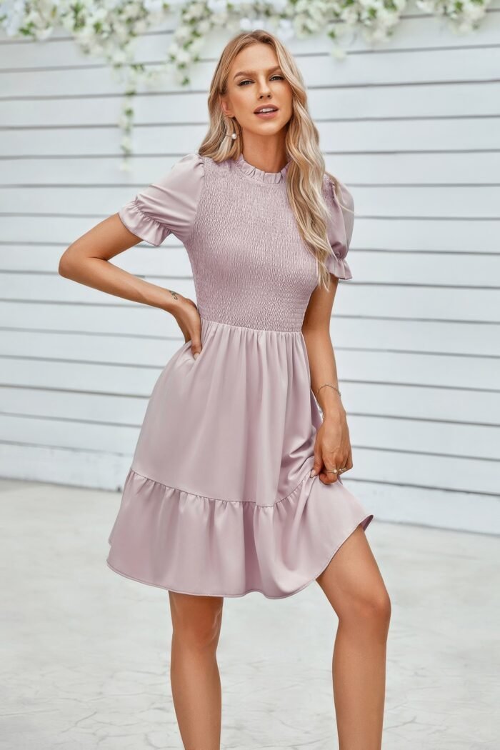 Solid Puff Sleeve Shirred Detail Ruffle Hem Dress - Image 9