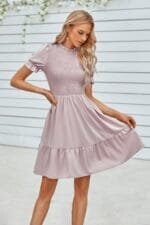 Solid Puff Sleeve Shirred Detail Ruffle Hem Dress