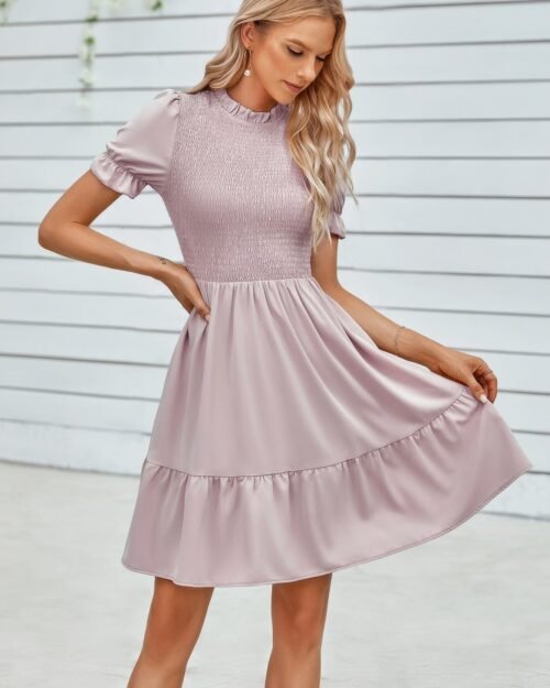 solid puff sleeve shirred detail ruffle hem dress