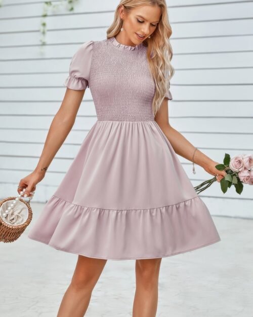 solid puff sleeve shirred detail ruffle hem dress