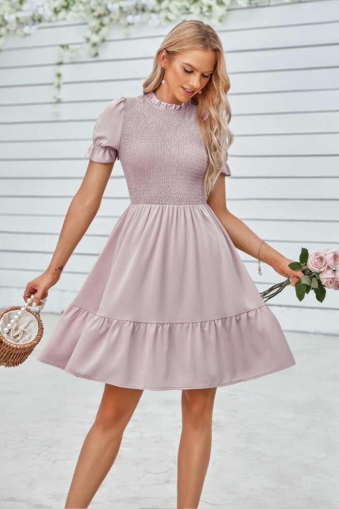 Solid Puff Sleeve Shirred Detail Ruffle Hem Dress - Image 11