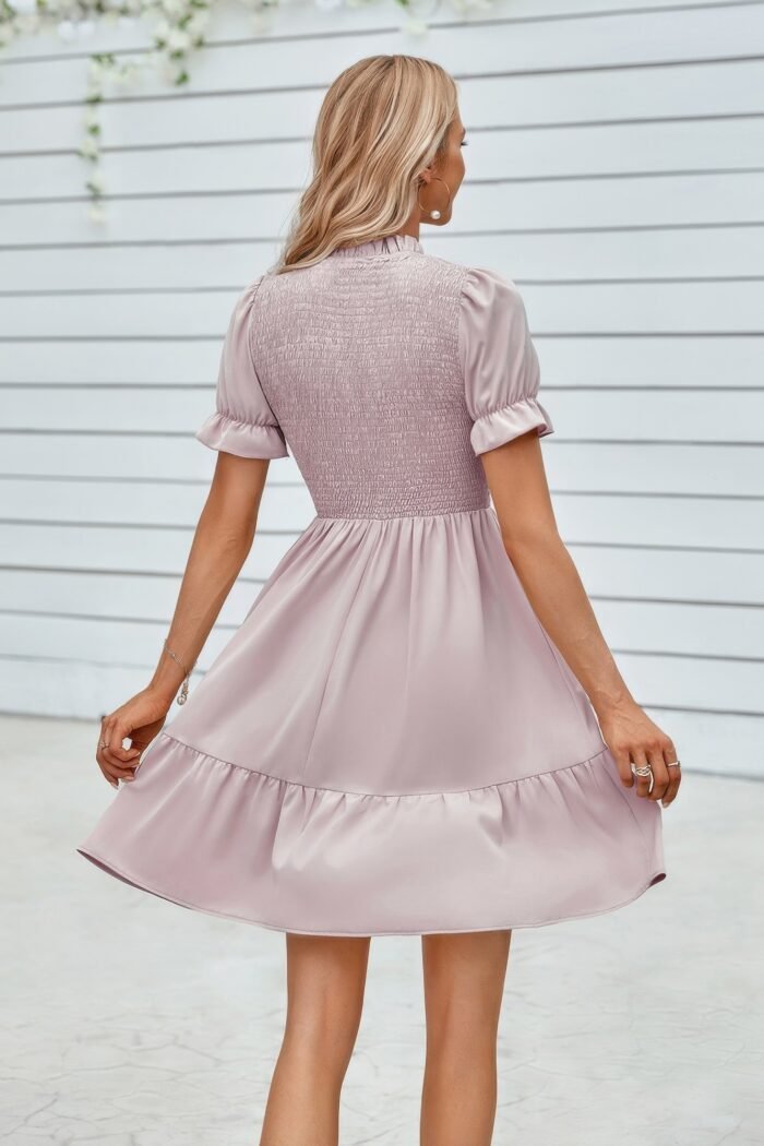 Solid Puff Sleeve Shirred Detail Ruffle Hem Dress - Image 12