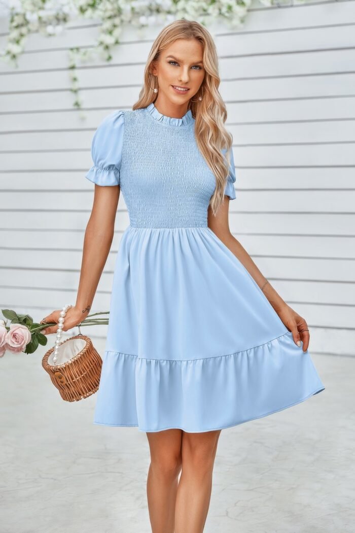 Solid Puff Sleeve Shirred Detail Ruffle Hem Dress - Image 13