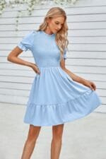 Solid Puff Sleeve Shirred Detail Ruffle Hem Dress