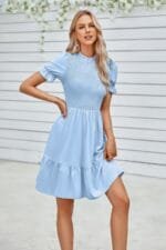 Solid Puff Sleeve Shirred Detail Ruffle Hem Dress