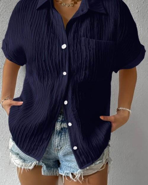 button down lapel pockets loose solid shirt