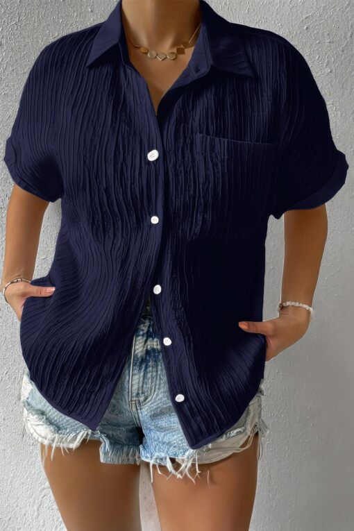 Button Down Lapel Pockets Loose Solid Shirt - Image 5