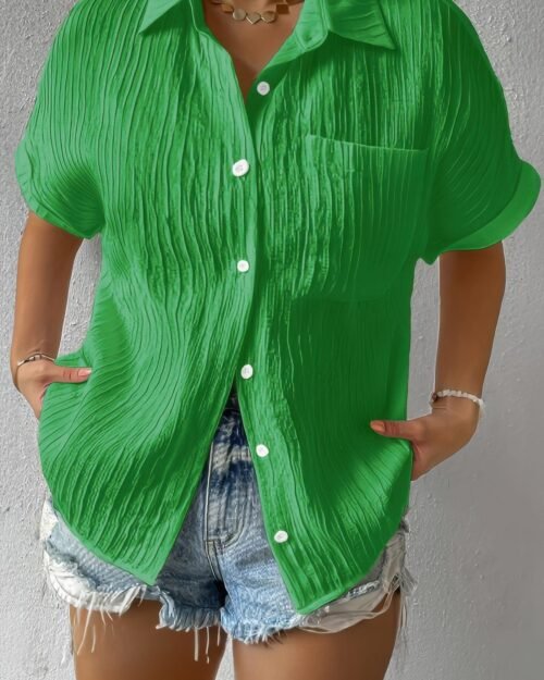 button down lapel pockets loose solid shirt