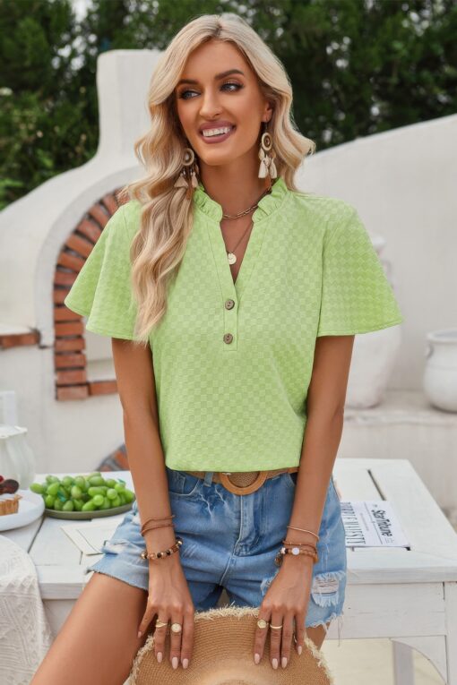 V Neck Loose Fit Solid Button Plaid Shirt - Image 7