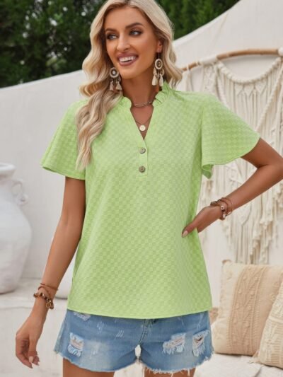 V Neck Loose Fit Solid Button Plaid Shirt V Neck Loose Fit Solid Button Plaid Shirt
