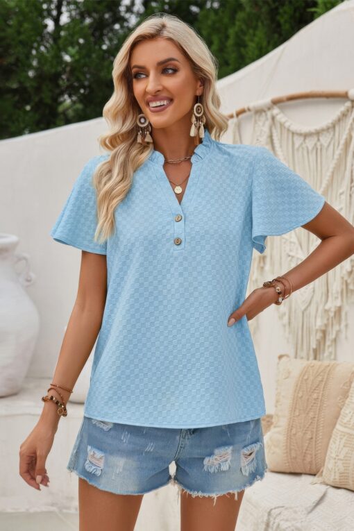 V Neck Loose Fit Solid Button Plaid Shirt - Image 15