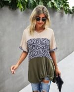 Crew Neck Color Block Animal Print Top