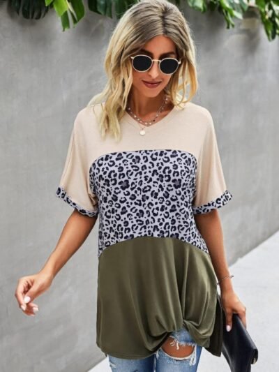 Crew Neck Color Block Animal Print Top
