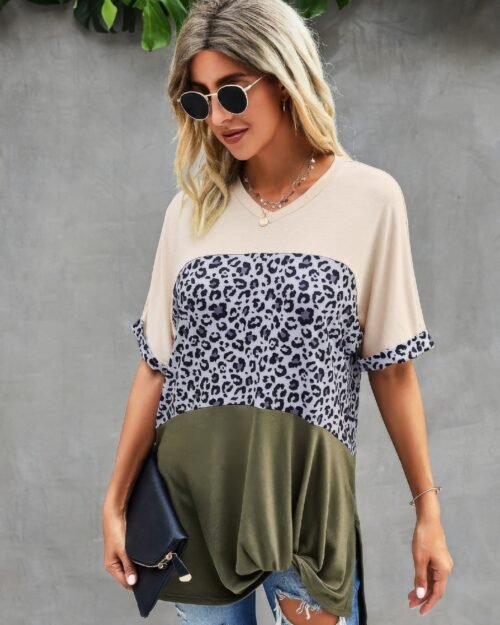 crew neck color block animal print top
