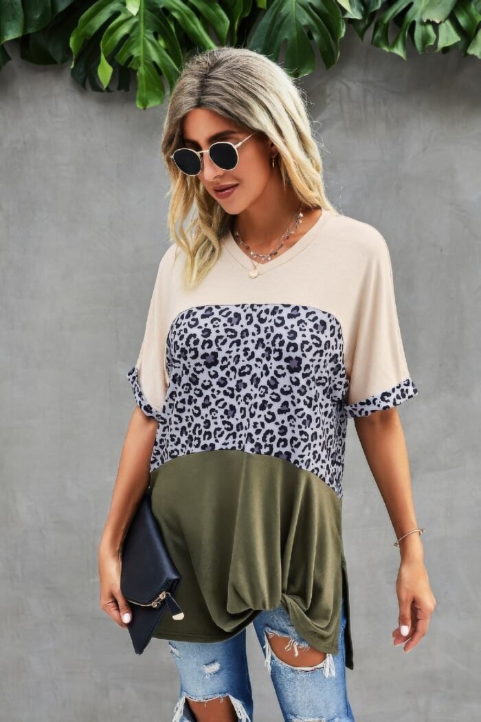 Crew neck color block animal print top - image 2