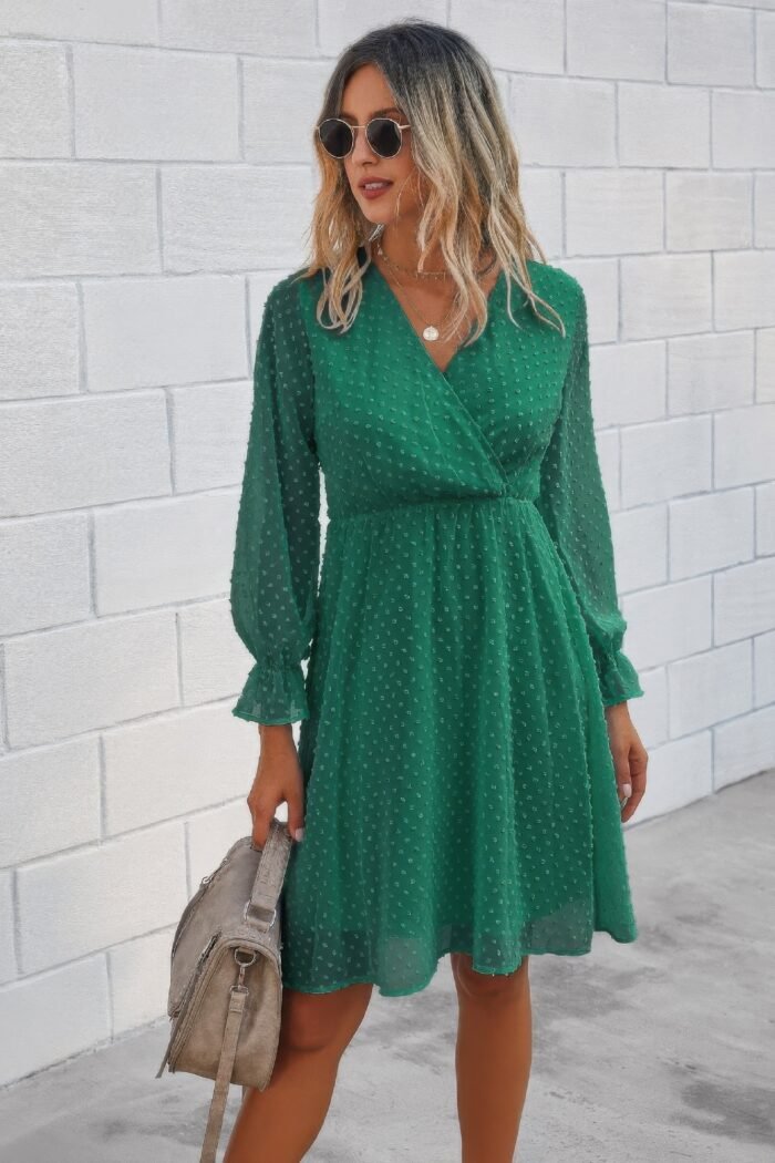 Solid swiss dot flounce sleeve shirred midi dress