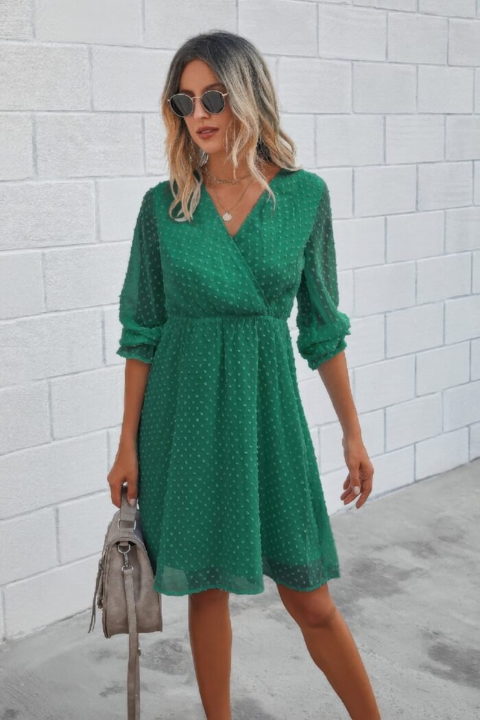 Solid swiss dot flounce sleeve shirred midi dress