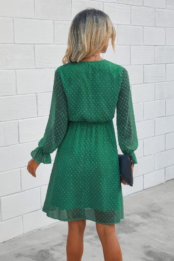 Solid swiss dot flounce sleeve shirred midi dress