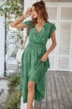 Floral V Neck Ruffle Short Sleeve High Waist Dress