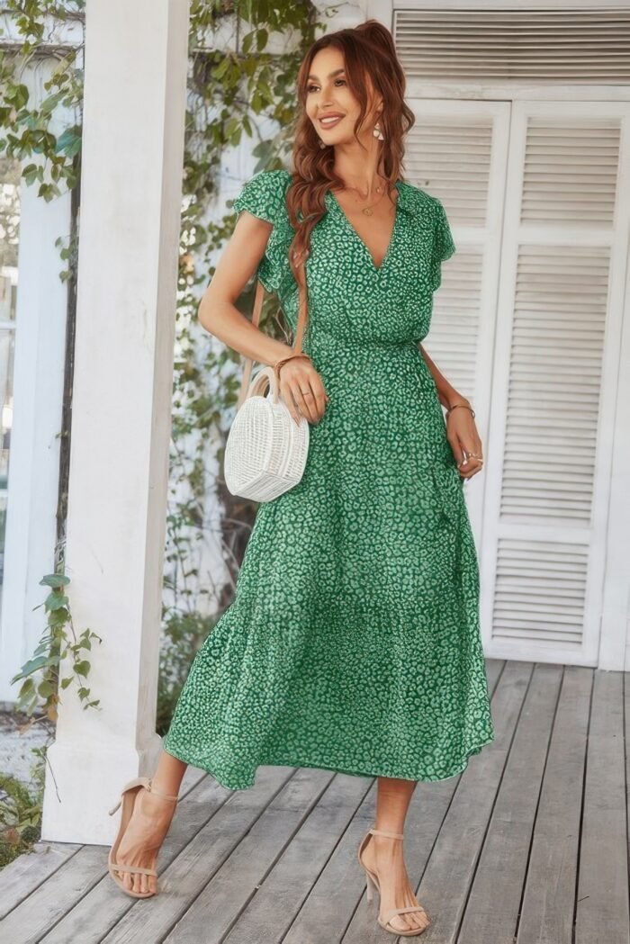 Floral V Neck Ruffle Short Sleeve High Waist Dress - Image 2