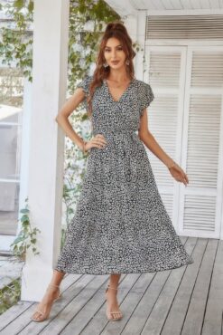Floral V Neck Ruffle Short Sleeve High Waist Dress