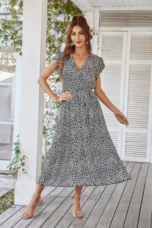 Floral V Neck Ruffle Short Sleeve High Waist Dress - Image 3