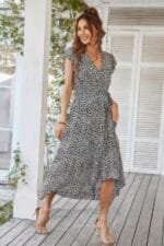 Floral V Neck Ruffle Short Sleeve High Waist Dress