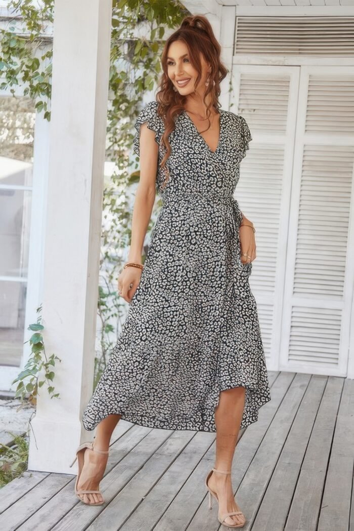 Floral V Neck Ruffle Short Sleeve High Waist Dress - Image 4