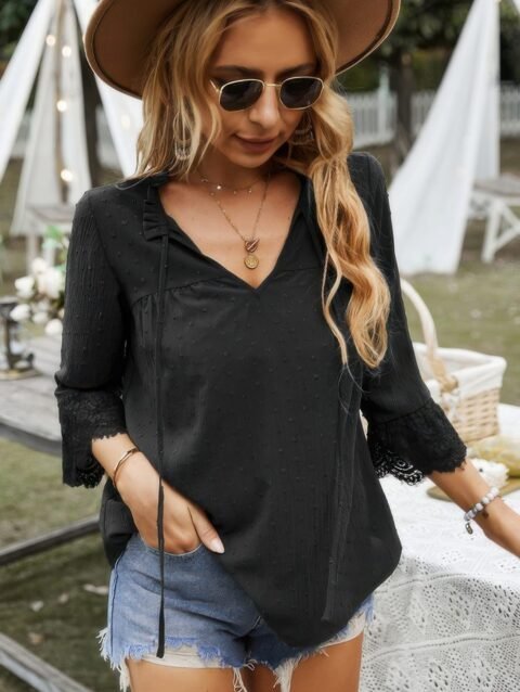 Swiss Dot Lace Splicing Sleeve V Neck Blouse